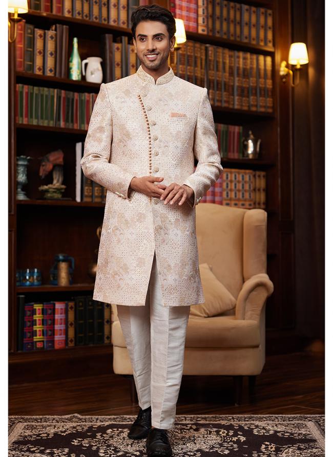 Jacquard Silk Peach Wedding Wear Hand Work Readymade Sherwani